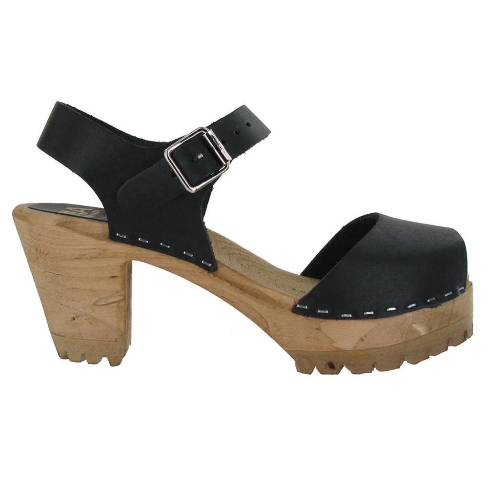 MIA Black Leather Open-Toe Clog Sandals with Wood-Look Heel